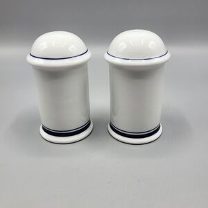 Vintage Dansk Salt and Pepper Shakers Navy Blue Banded White Porcelain Portugal
